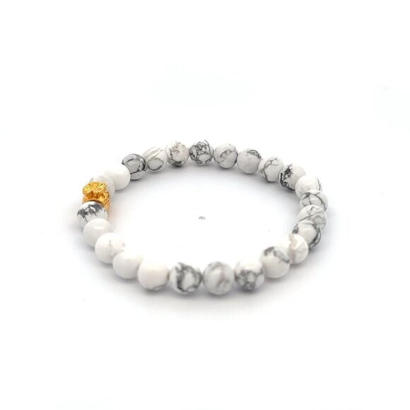 18K Gold Charm Bracelet Natural White Howlite Gemstones 6mm Money Bag - Picture 3 of 5